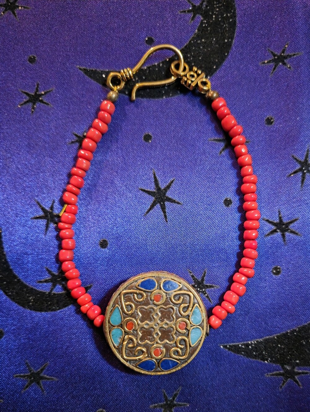 Himalayan Tibetan Ethnic Brass Medallion Bracelet with Red Beads & Inlay Accent